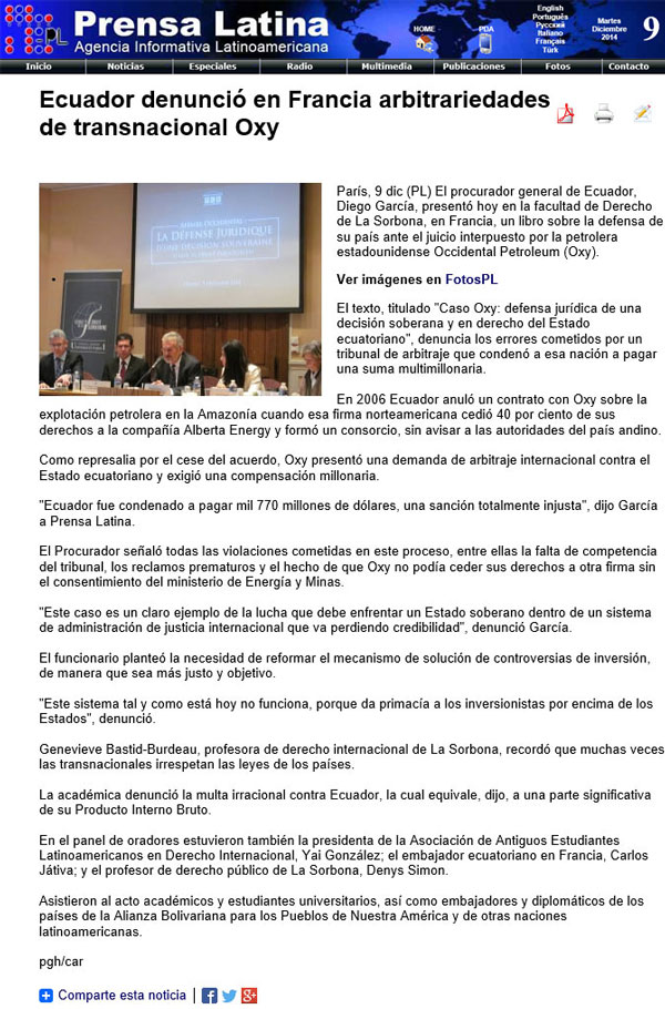 2014-12-09-PRENSALATINA-Ecuador denunció en Francia arbitrariedades de transnacional Oxy