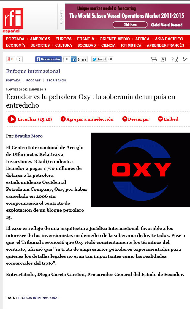 2014-12-09-RFI-Ecuador denunció en Francia arbitrariedades de transnacional Oxy